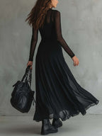 Women's Fitted Black Mini Dress with Square Neckline and Cap Sleeves - Black - Detail View