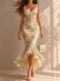 Women's Sequin Sweetheart Neck Mermaid Maxi Dress with Ruffle Hem - Cream - Front View