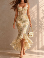 Women's Sequin Sweetheart Neck Mermaid Maxi Dress with Ruffle Hem - Cream - Front View