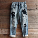 Cat Print Ripped Wide Leg Jeans - Detail