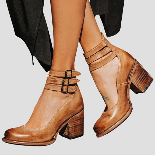 Women's Closed-Toe Block Heel Pumps with Buckle Strap