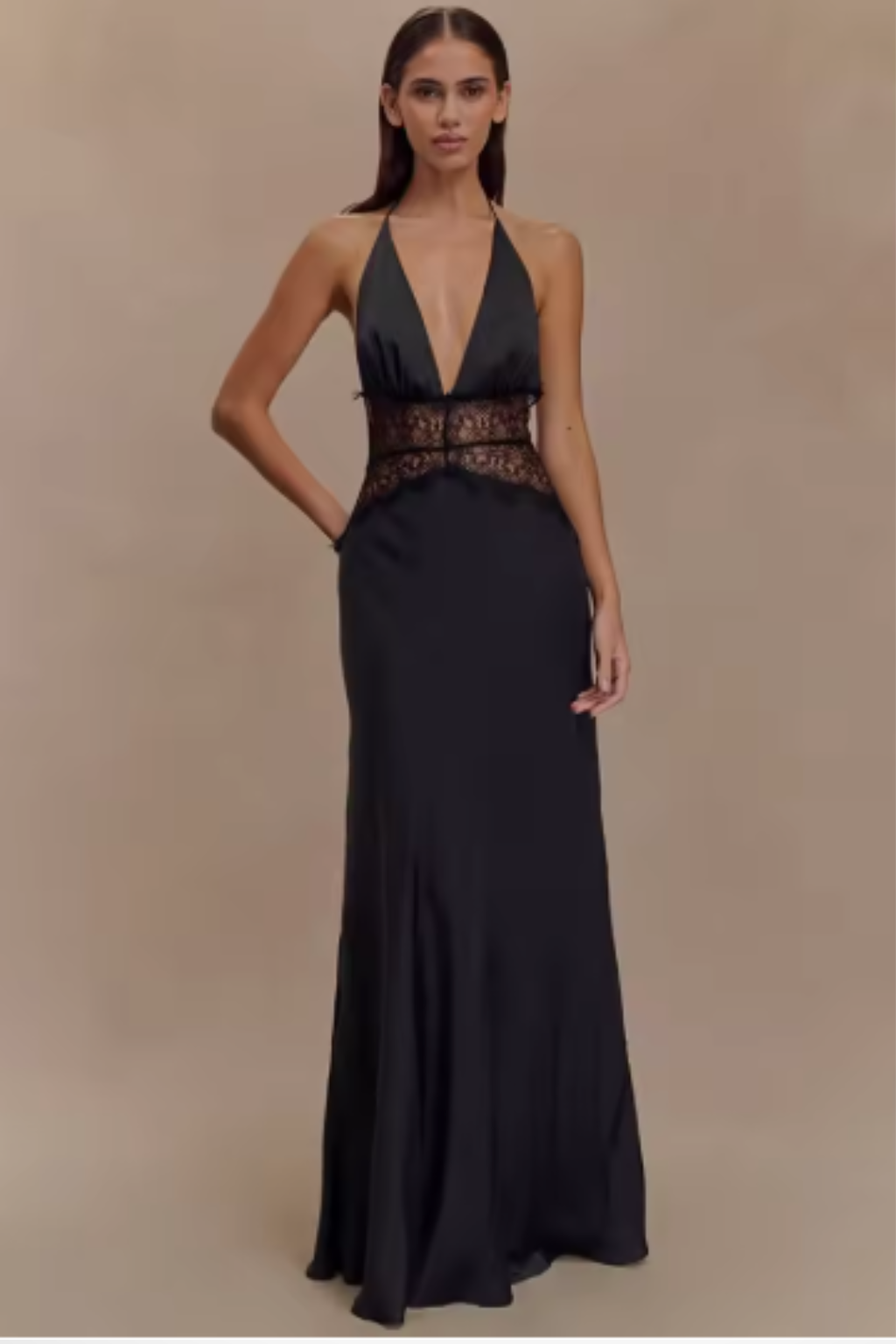 Women's halter backless maxi dress detail view