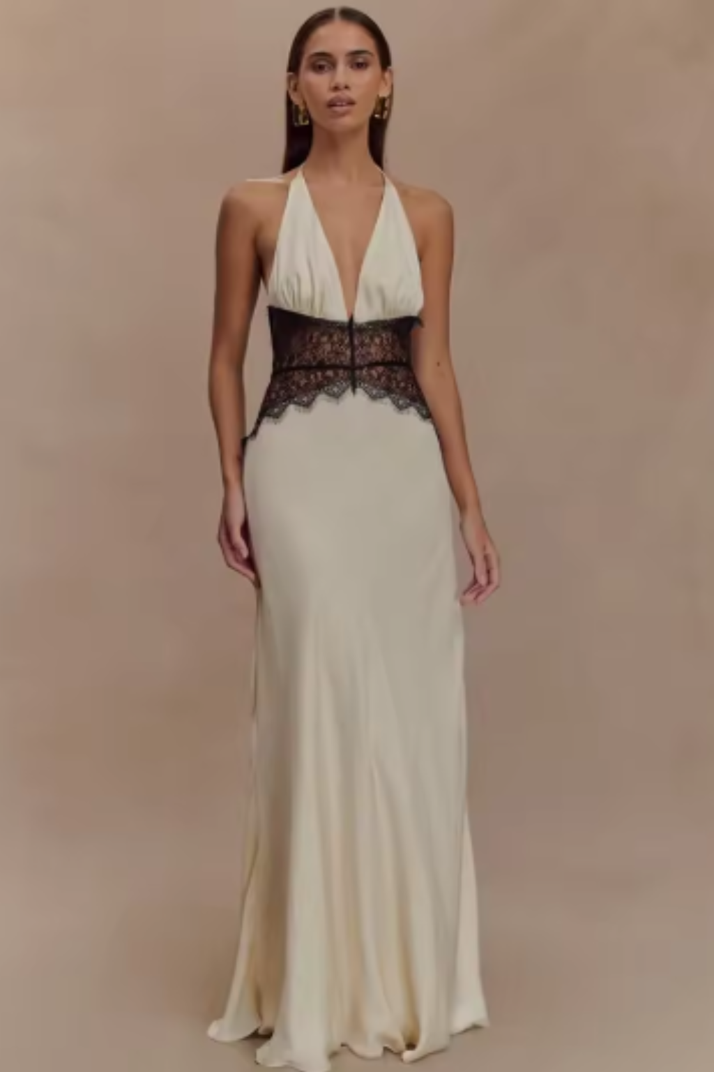 Women's halter backless maxi dress styling view