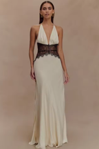 Women's halter backless maxi dress styling view