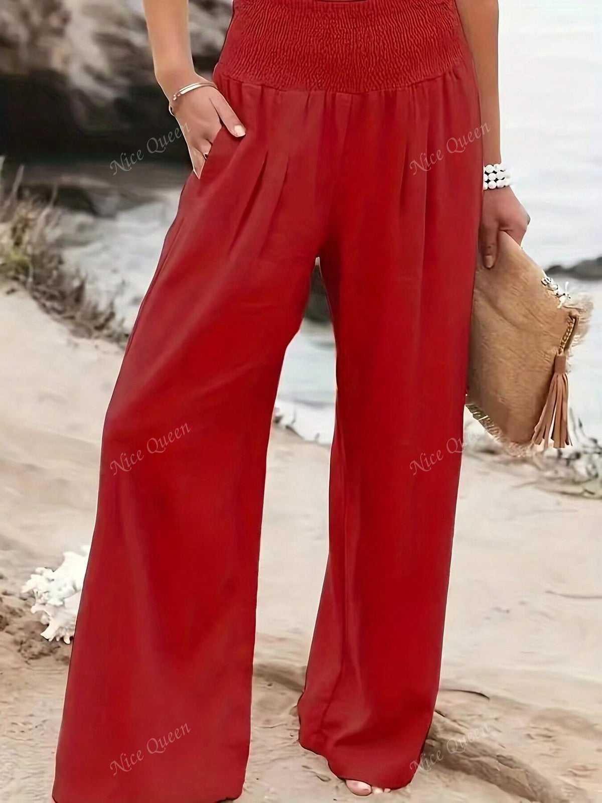 Women's woven wide-leg trousers in red