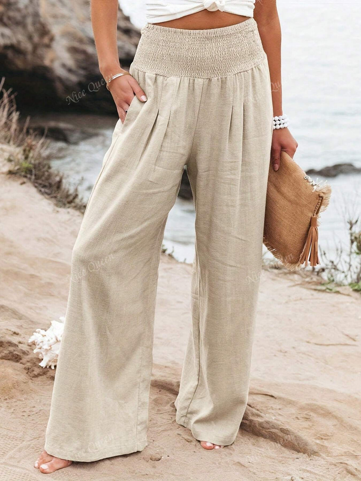 Women's woven wide-leg trousers in apricot