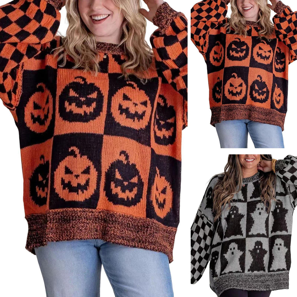 Pumpkin Print Turtleneck Sweater - Orange