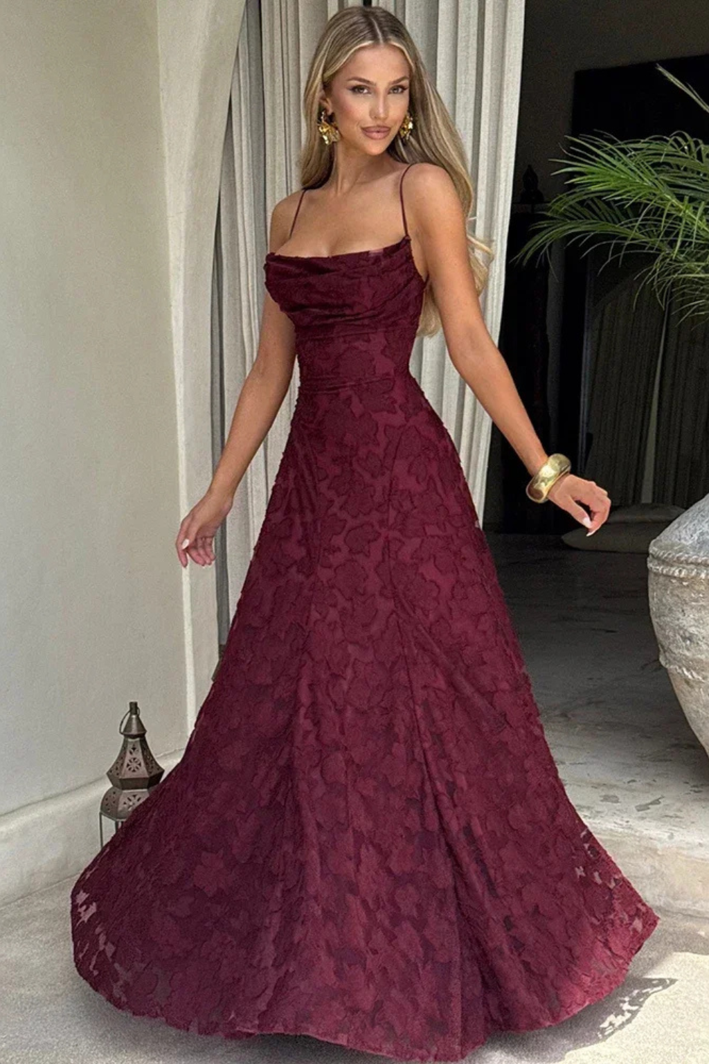 Women's floral jacquard maxi dress detail view