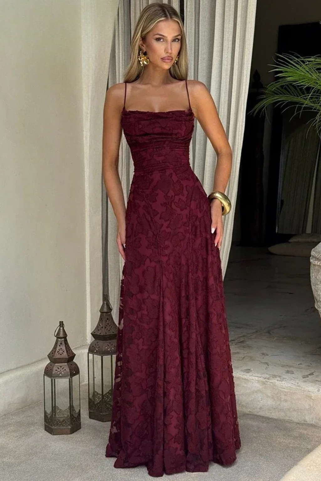 Women's floral jacquard maxi dress back detail