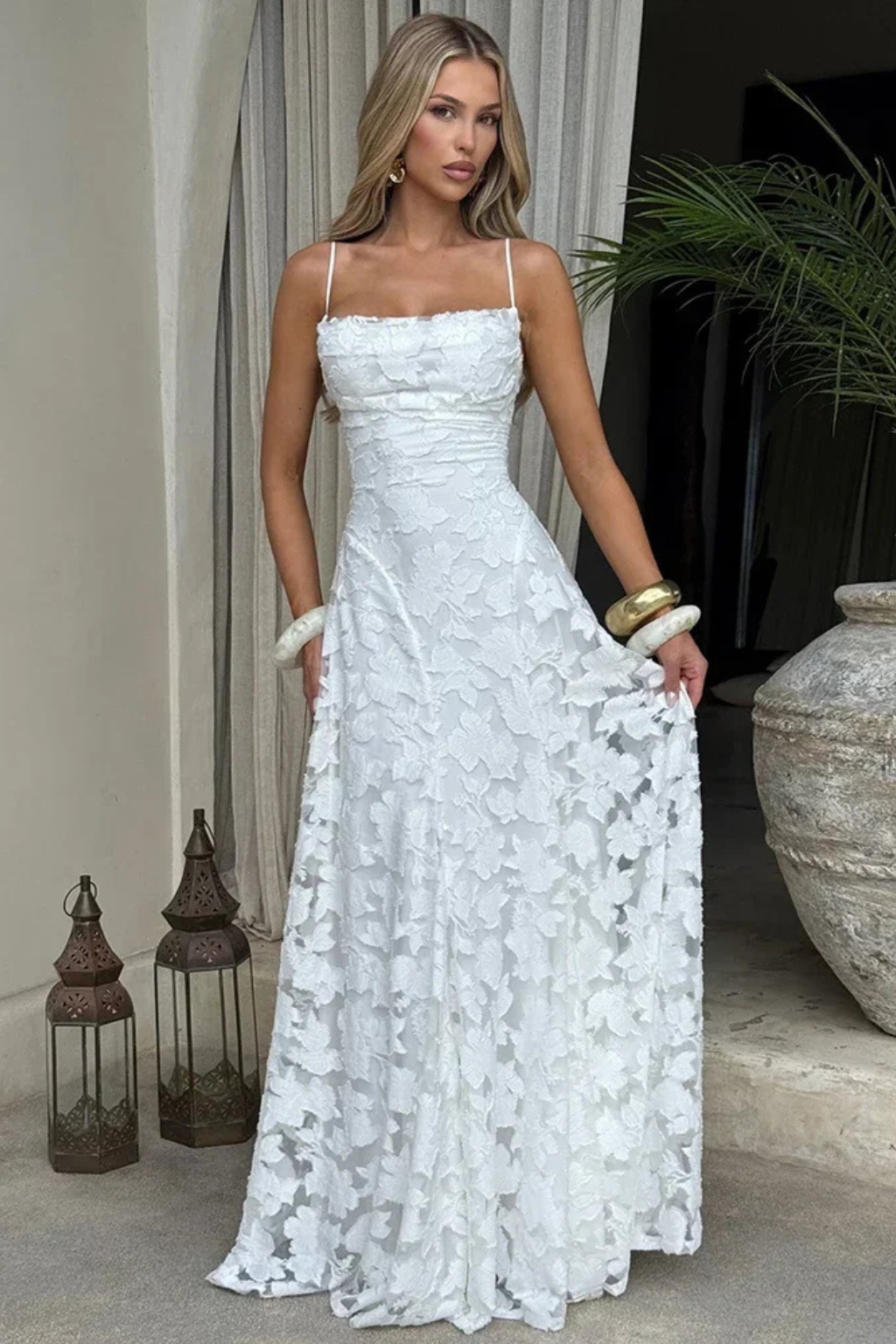 Women's floral jacquard maxi dress styling view
