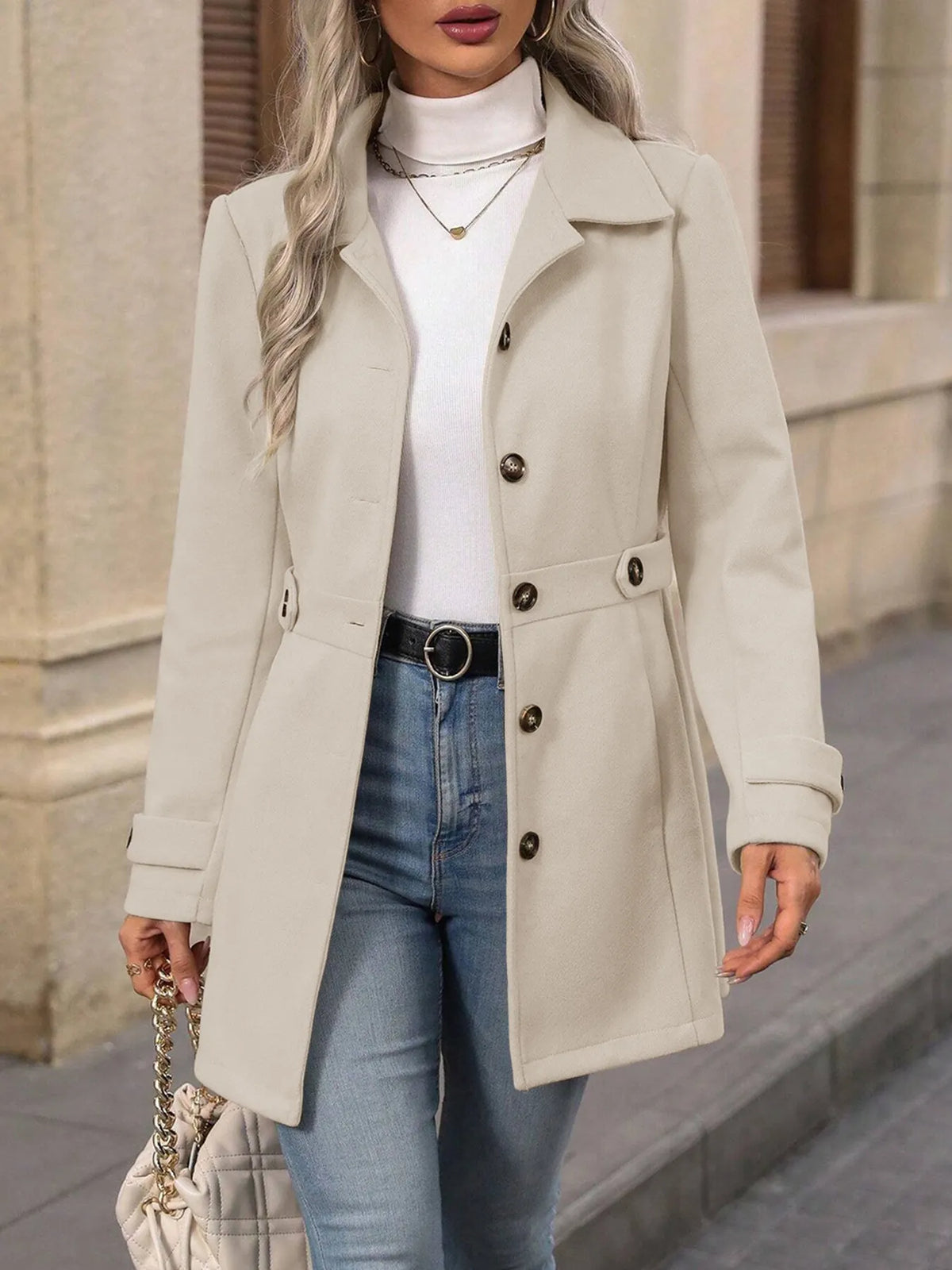Women's Tailored Belted City Coat with Notch Collar