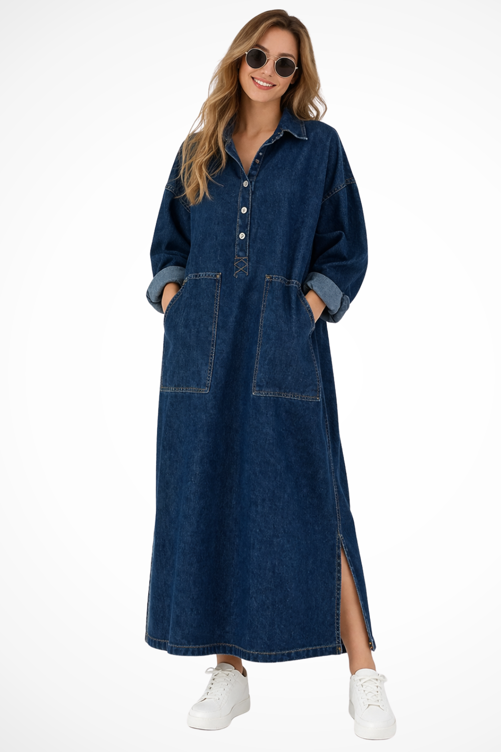 Women's denim maxi dress in blue - front