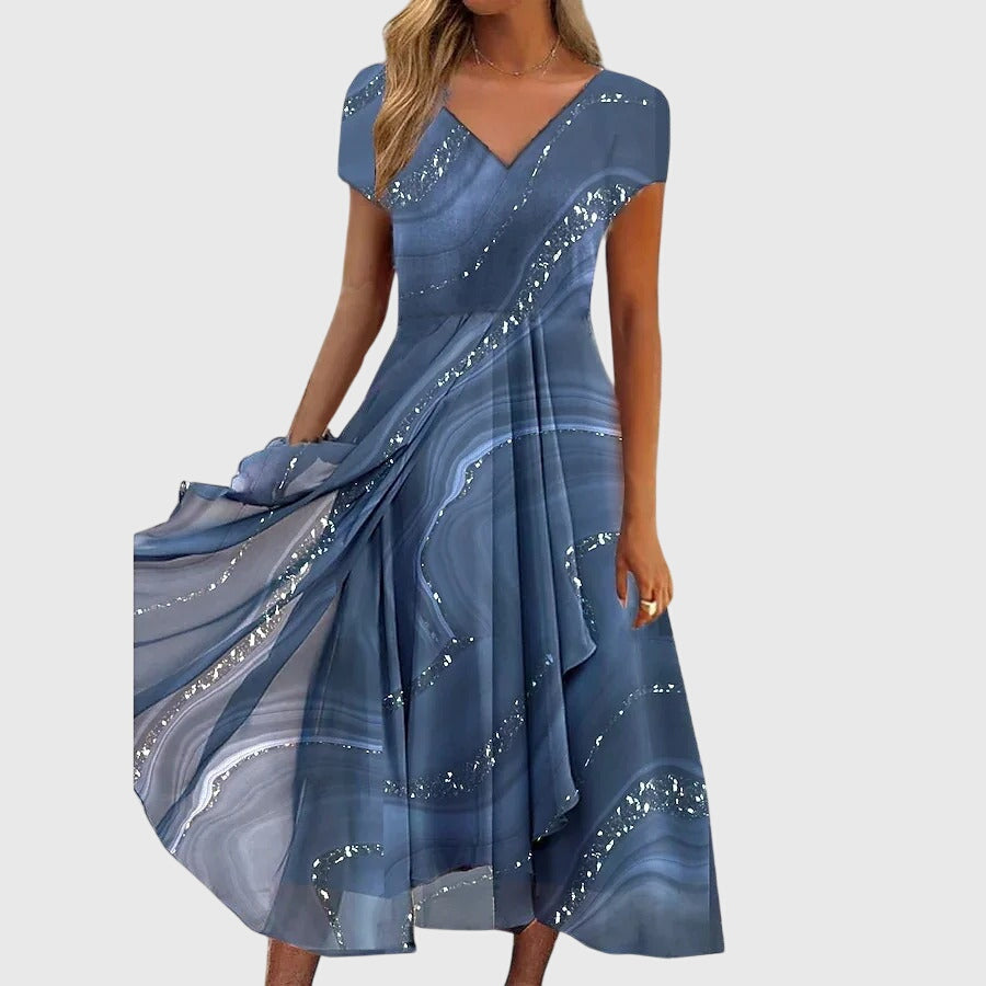 Women's Flowing V-Neck Midi Dress with Tiered Skirt - Blue