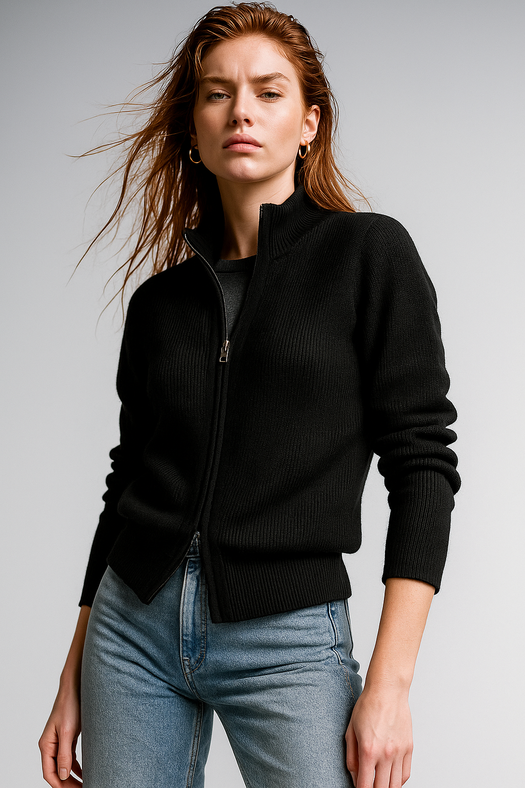 Women's Zip-Up Knit Cardigan with Stand Collar