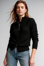 Women's Zip-Up Knit Cardigan with Stand Collar
