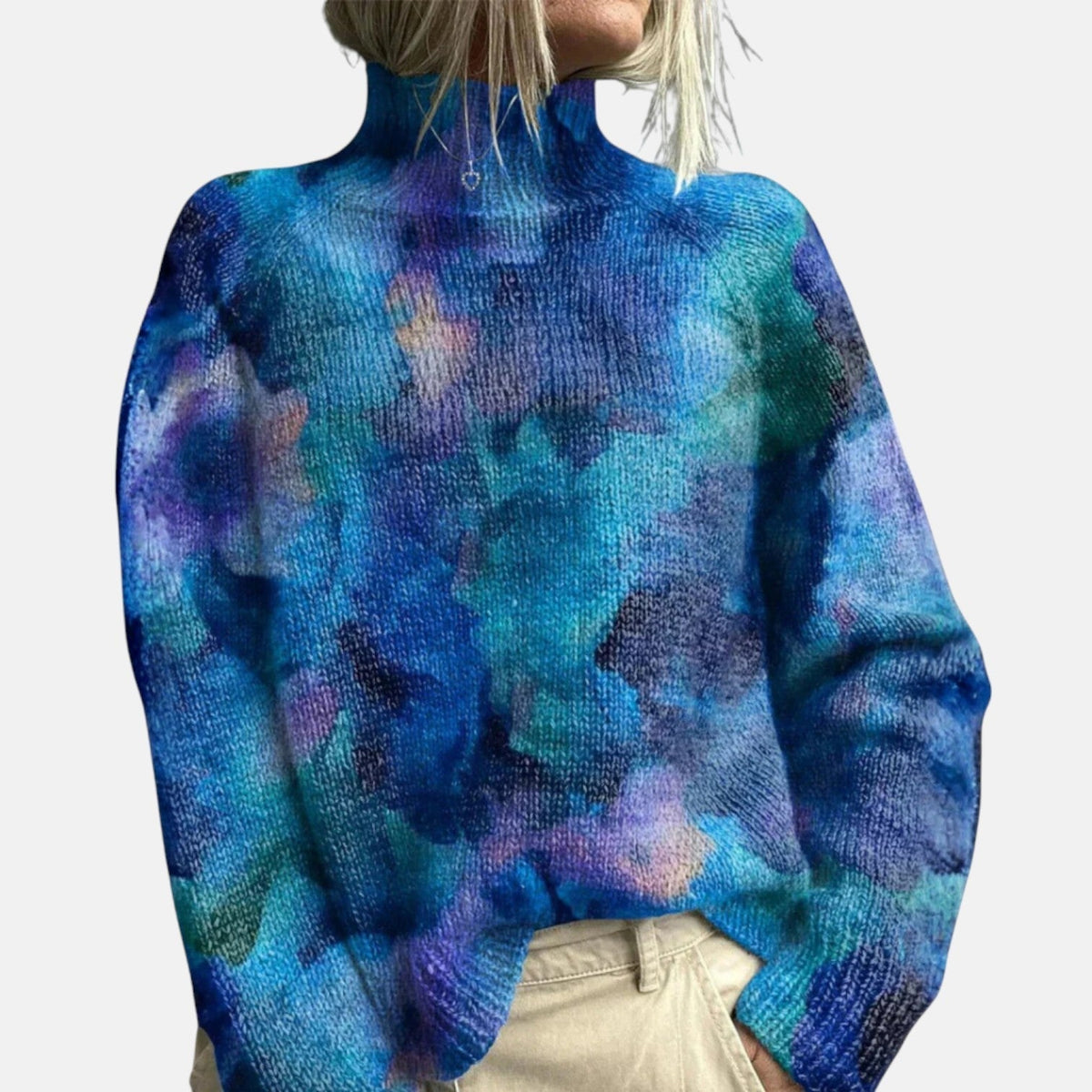 Women's Knit Turtleneck Pullover with Ribbed Cuffs - Blue