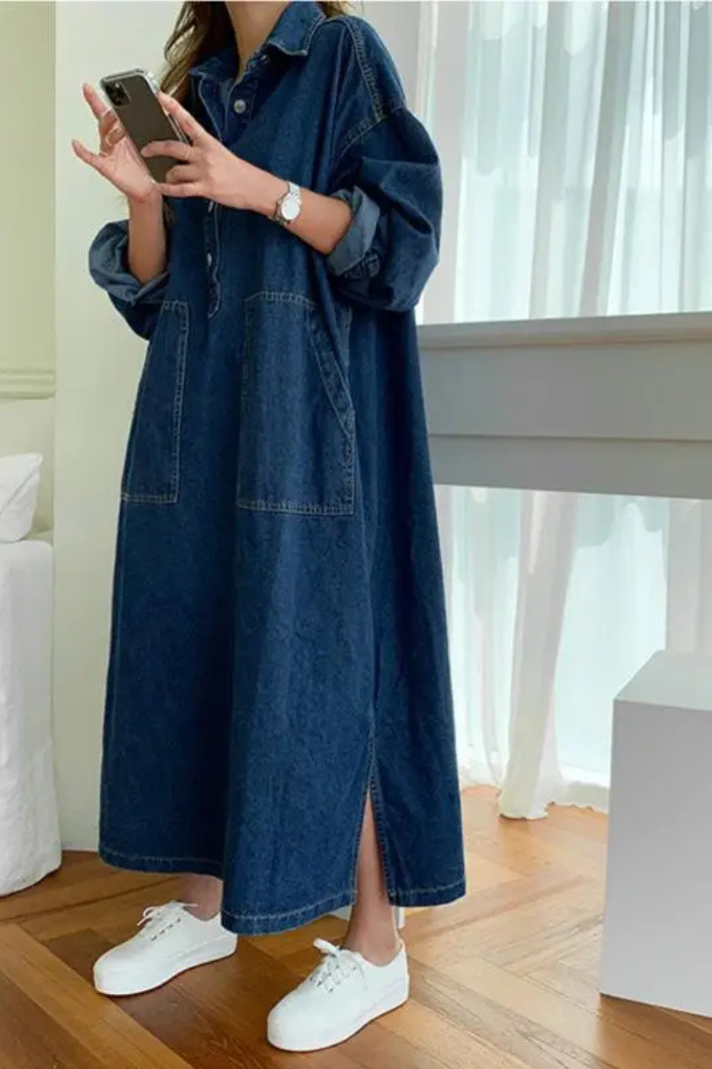 Women's denim maxi dress - detail