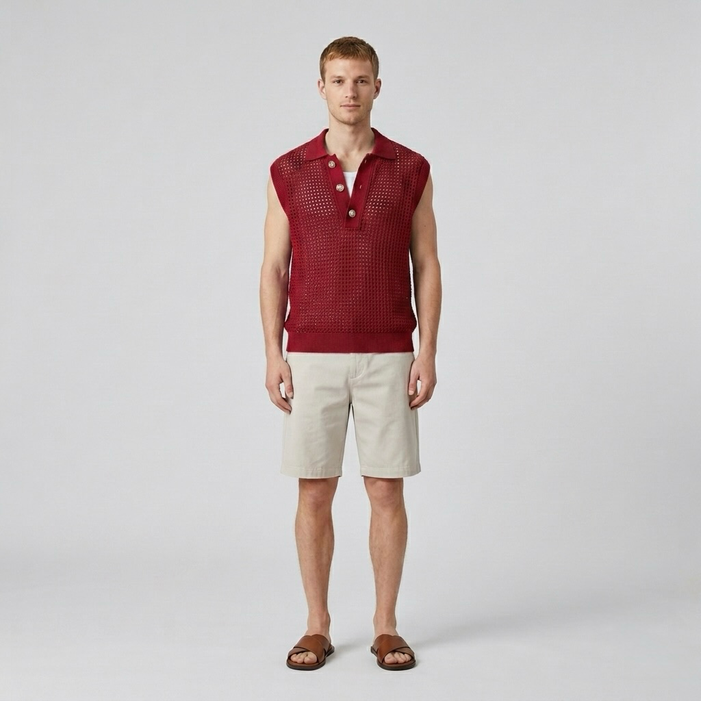 Open-Knit Sleeveless Polo