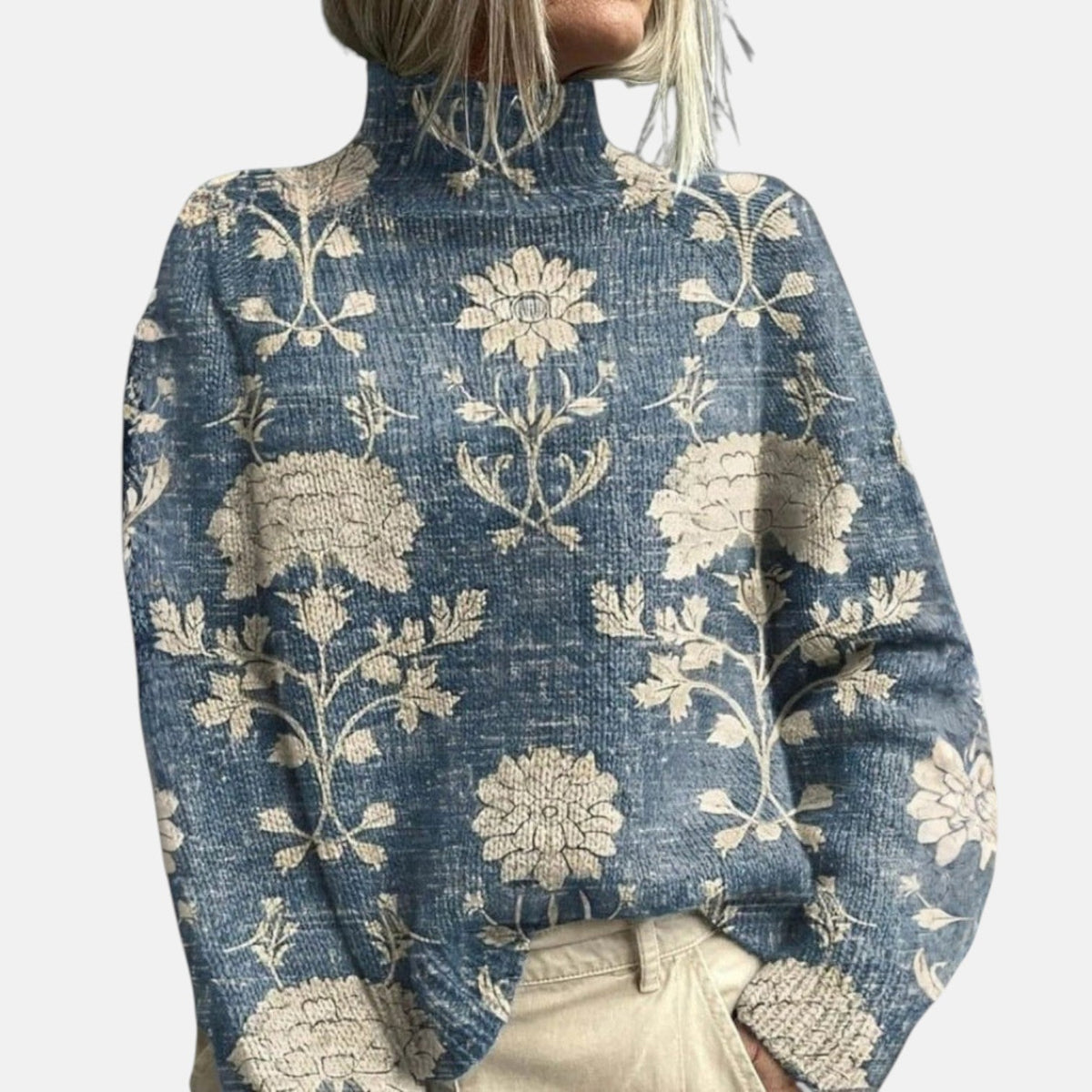 Women's Knit Turtleneck Pullover with Ribbed Cuffs - Light Blue
