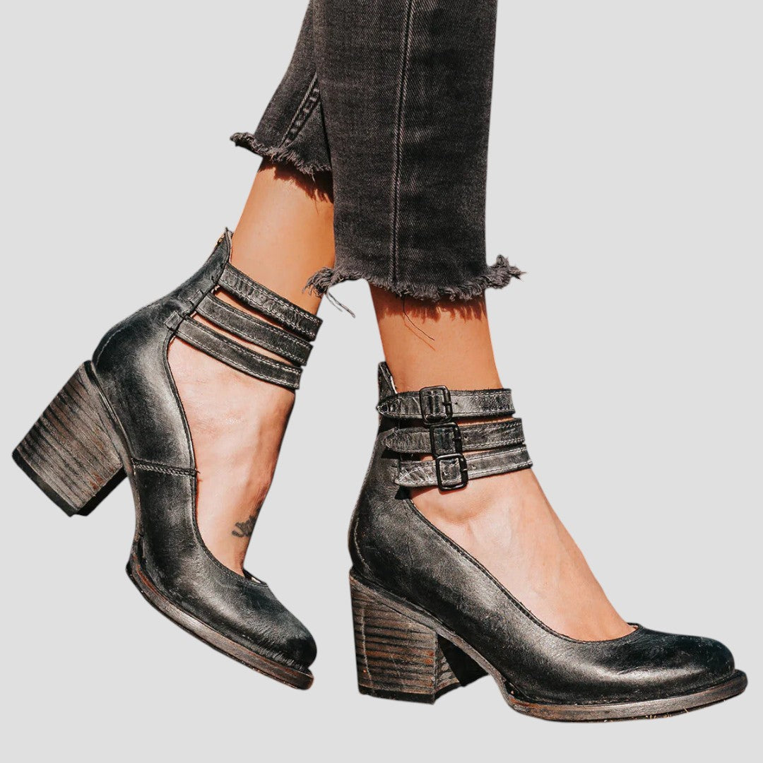Women's Closed-Toe Block Heel Pumps with Buckle Strap