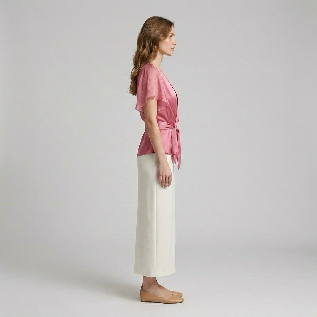 Blush Satin Wrap-Tie Flutter Sleeve Blouse