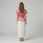 Blush Satin Wrap-Tie Flutter Sleeve Blouse