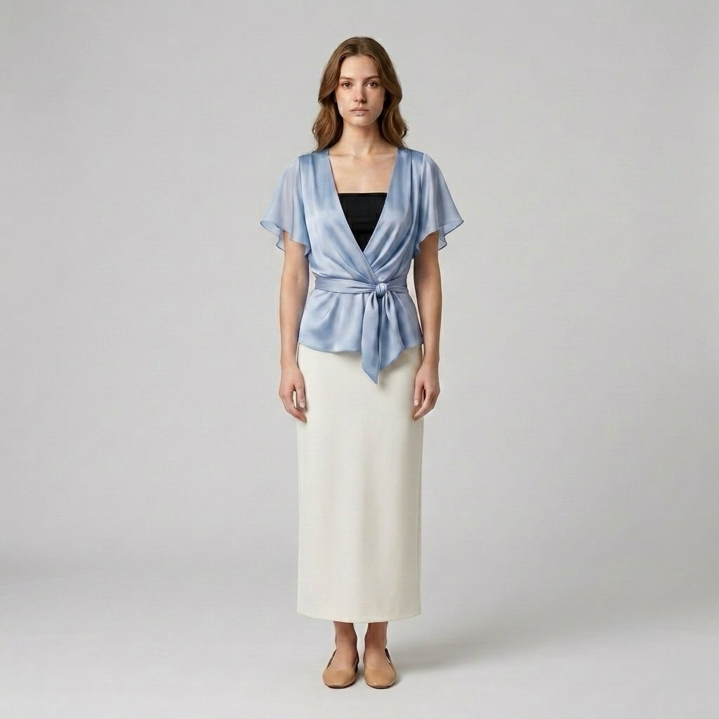 Blush Satin Wrap-Tie Flutter Sleeve Blouse