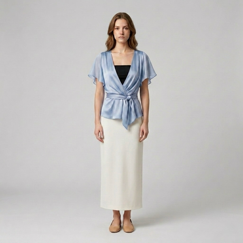 Blush Satin Wrap-Tie Flutter Sleeve Blouse