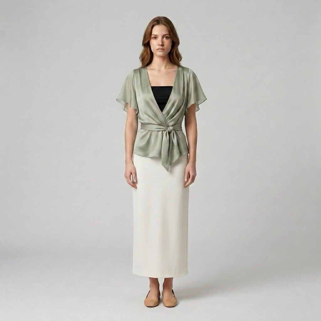 Blush Satin Wrap-Tie Flutter Sleeve Blouse