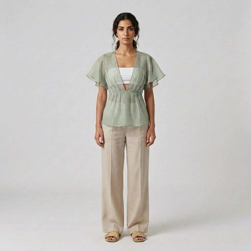 Flutter Sleeve Sheer Waist Blouse