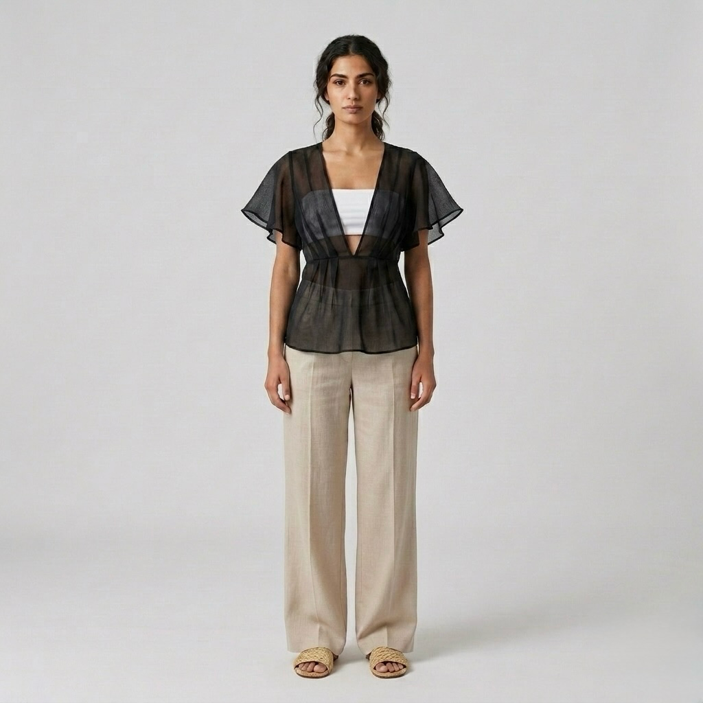 Flutter Sleeve Sheer Waist Blouse