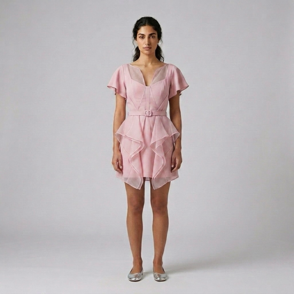 Belted Cascade Hem Mini Dress