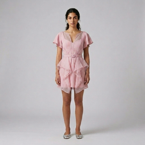 Belted Cascade Hem Mini Dress