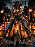 Gothic Skull Print Flared Midi Dress