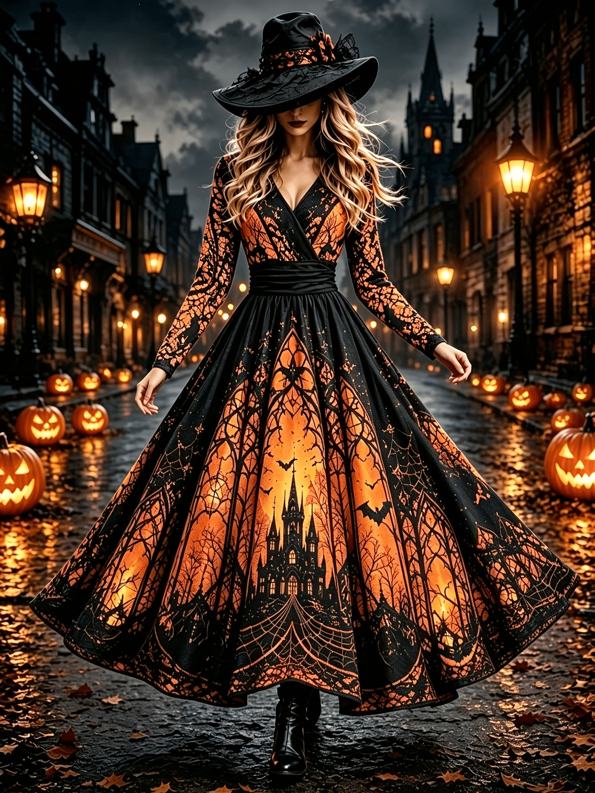 Gothic Skull Print Flared Midi Dress
