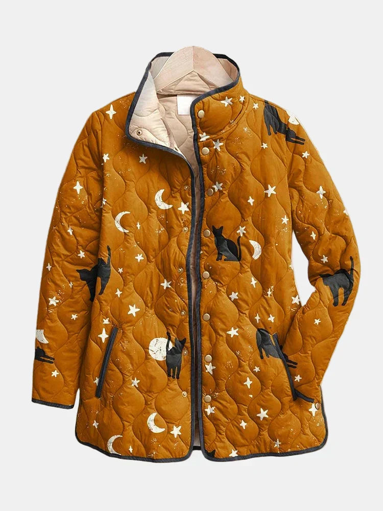 Black Cat Halloween Print Quilted Jacket