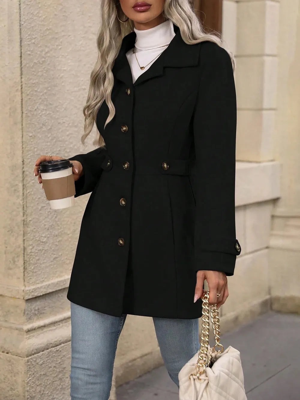 Women's Tailored Belted City Coat with Notch Collar