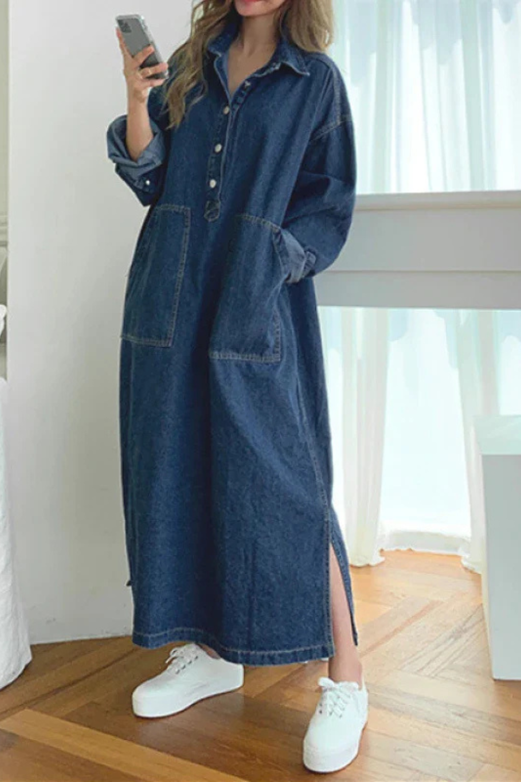 Women's denim maxi dress - pocket detail