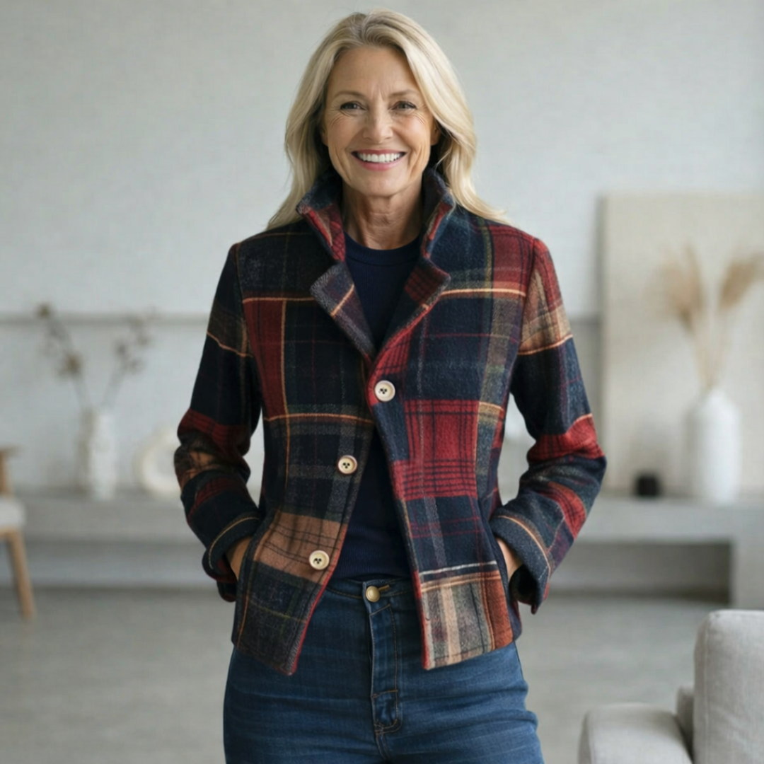 Women's Plaid Stand-Collar Mid-Season Coat