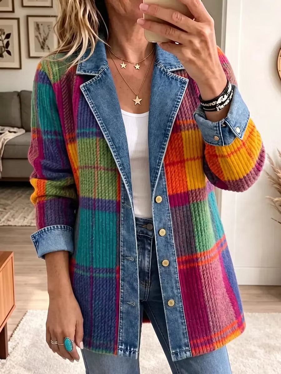 Women's Color-Block Plaid Knit Jacket