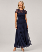 Chiffon V-Neck Midi Dress - Navy Blue
