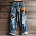 Cat Print Ripped Wide Leg Jeans - Detail 2