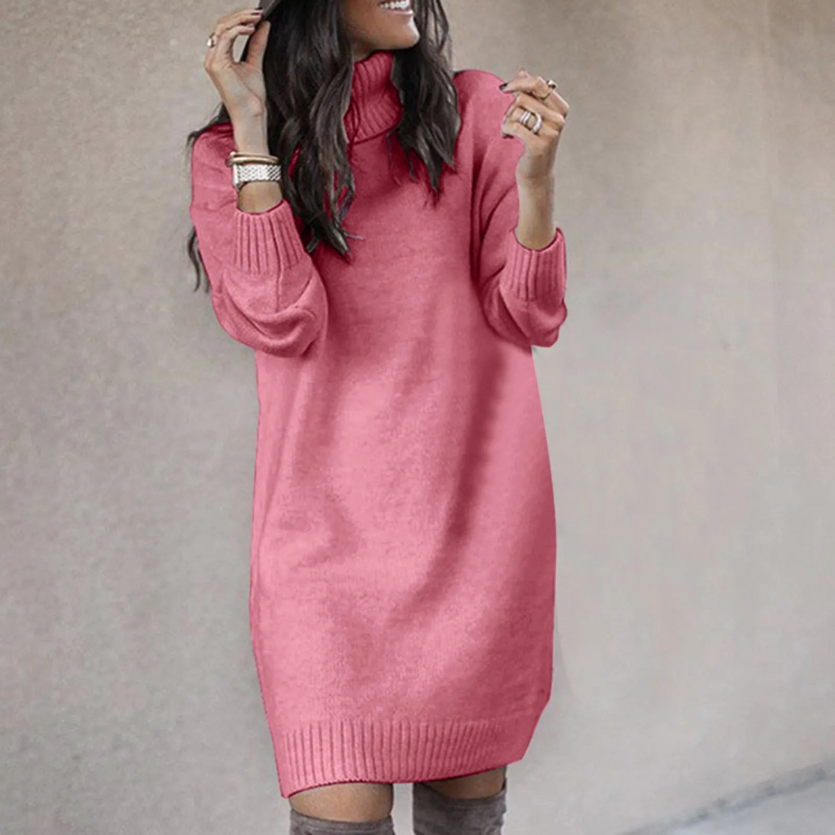 Women's Turtleneck Knit Sweater Dress with Long Sleeves