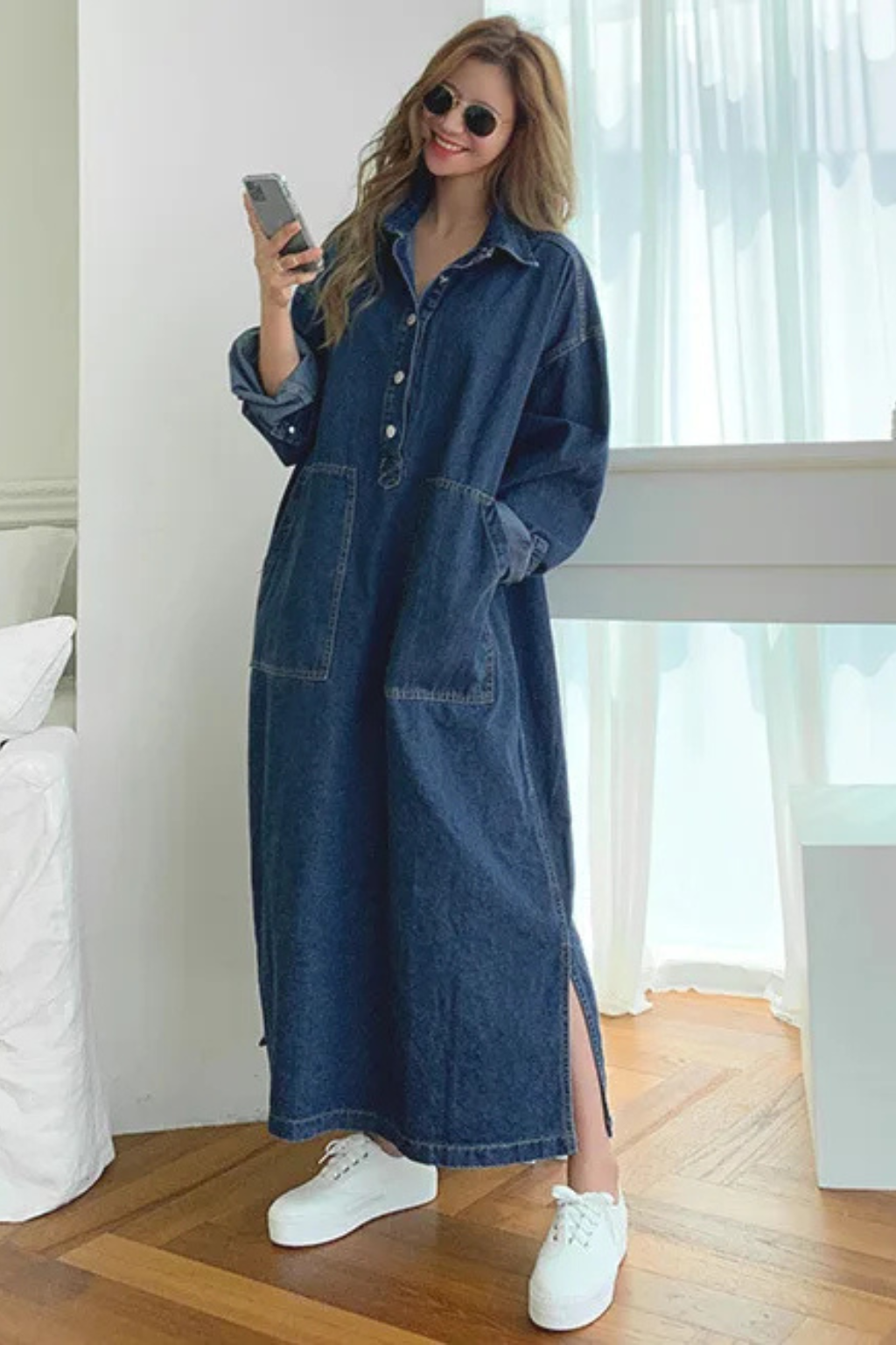 Women's denim maxi dress - full view