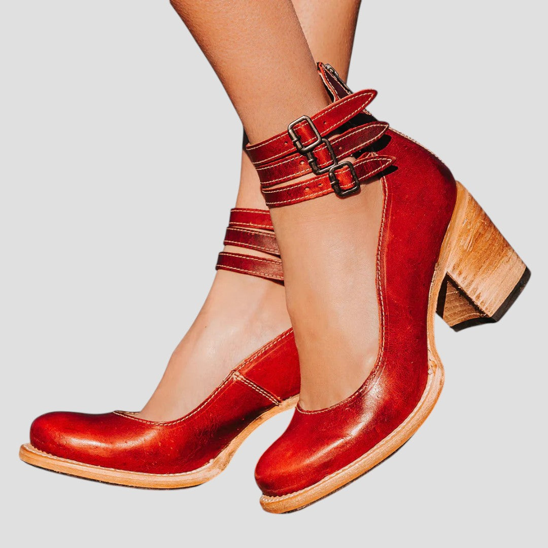 Women's Closed-Toe Block Heel Pumps with Buckle Strap