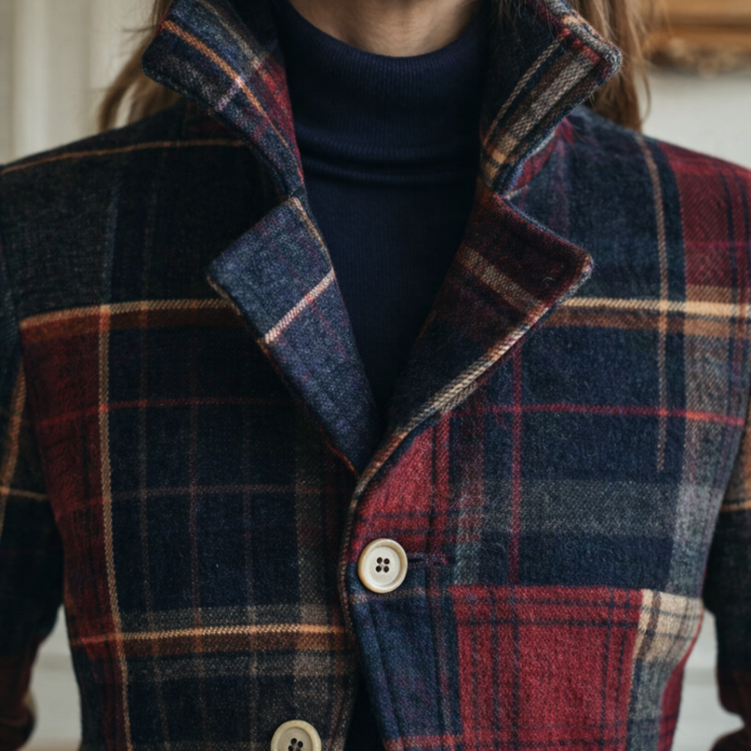 Women's Plaid Stand-Collar Mid-Season Coat