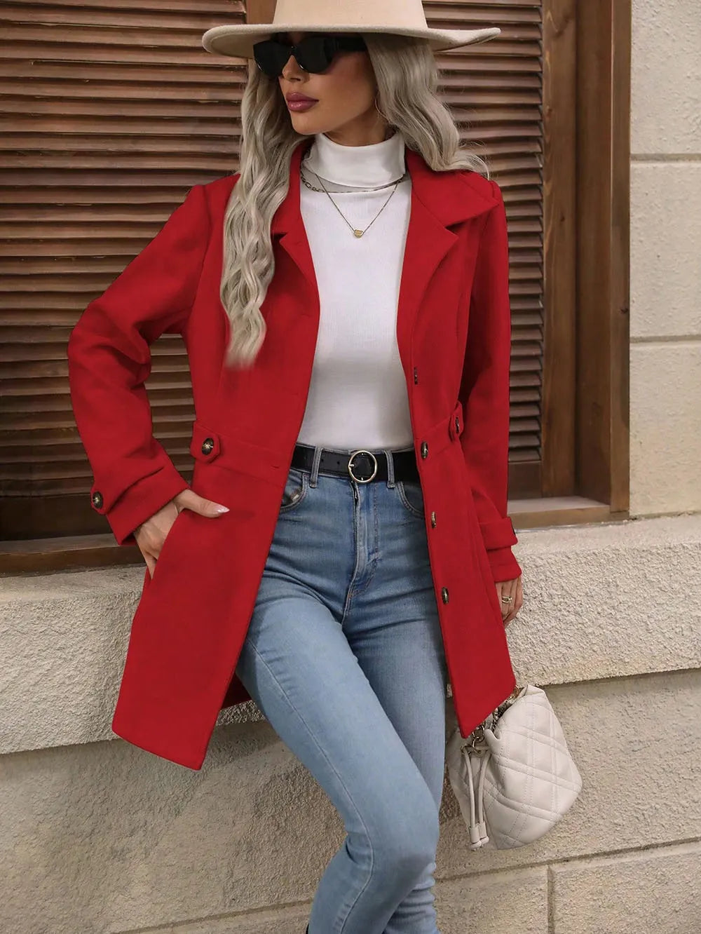 Women's Tailored Belted City Coat with Notch Collar