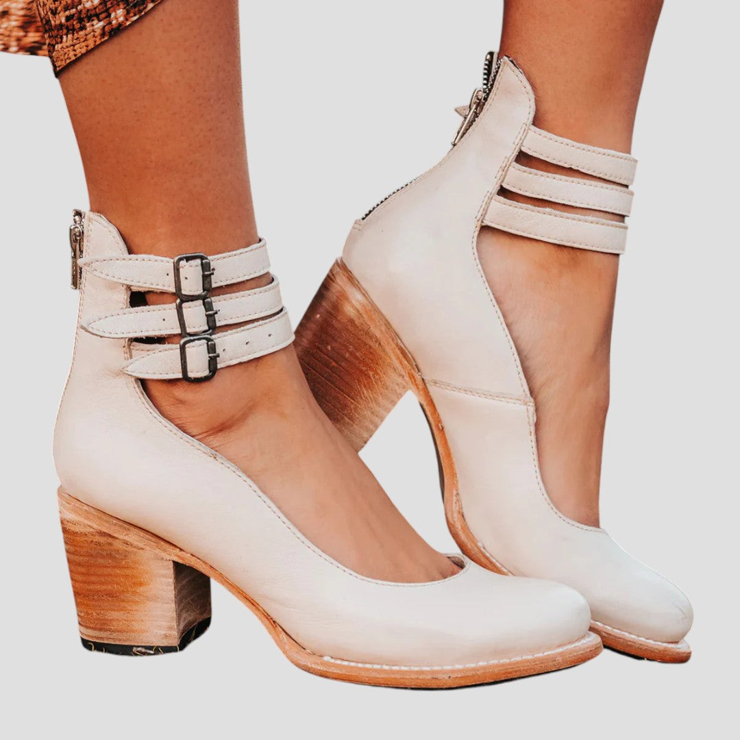 Women's Closed-Toe Block Heel Pumps with Buckle Strap