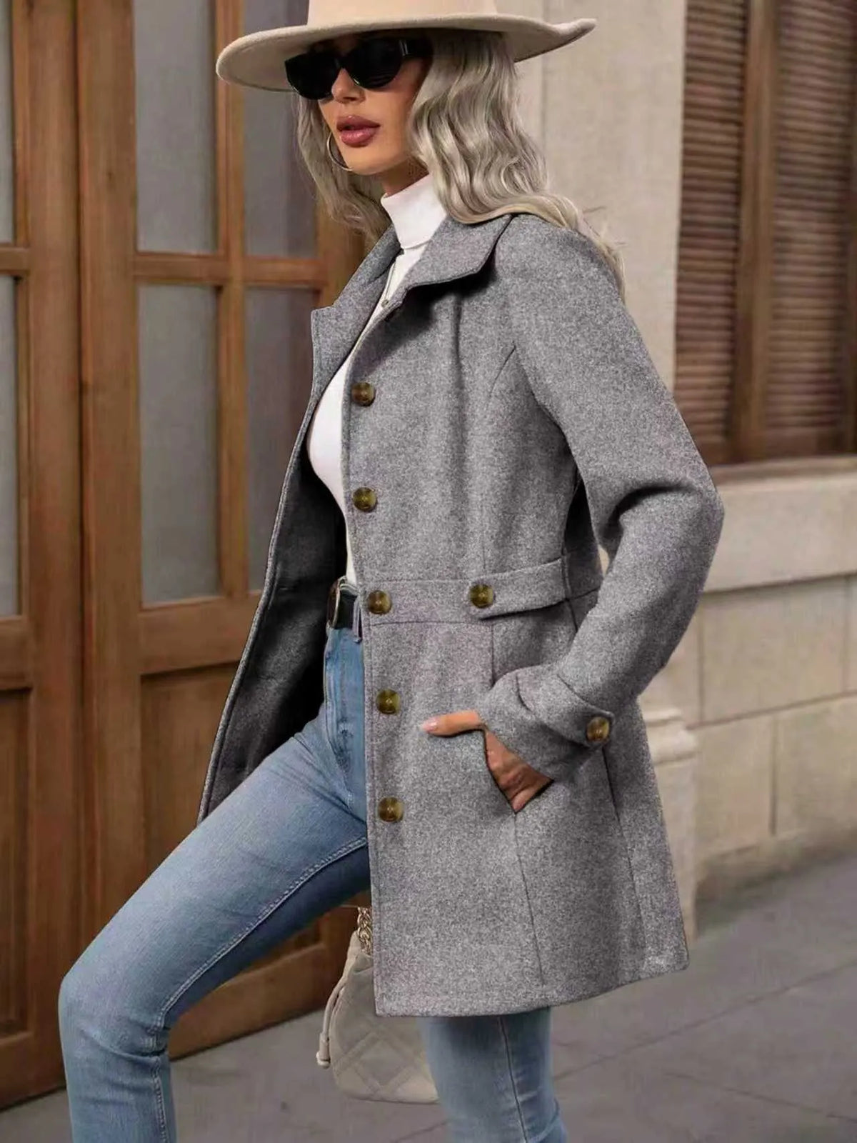 Women's Tailored Belted City Coat with Notch Collar