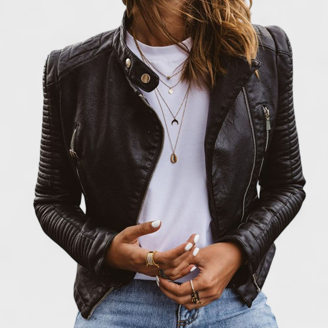 Women's Faux Leather Jacket with Zippered Pockets